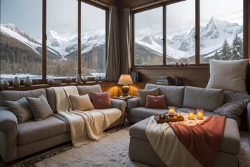 Petit salon confortable un douillet avec des couvertures, des coussins et une vue panoramique sur les montagnes enneigées en hiver