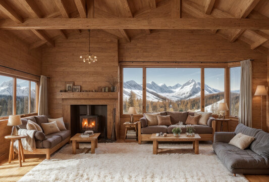 Salon chaleureux avec une cheminée dans un chalet en bois en hiver avec vue sur la montagne