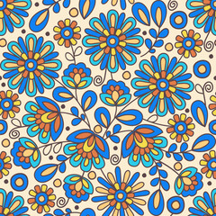 Slavic floral seamless vector ornament. Bright blue and yellow flowers on light background