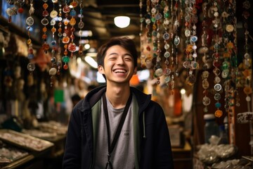 Fototapeta premium Environmental portrait photography of a joyful boy in his 20s wearing a whimsical charm necklace at the tsukiji fish market in tokyo japan. With generative AI technology