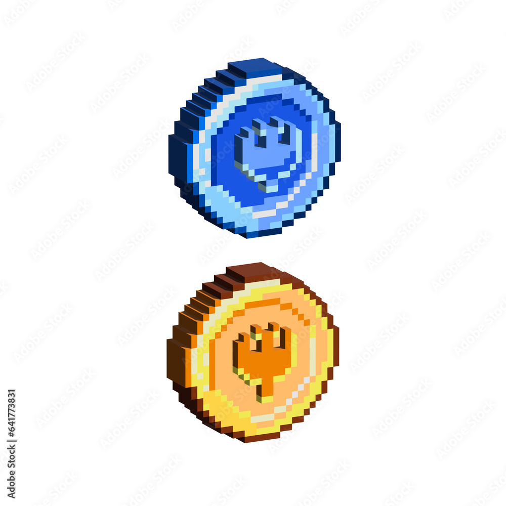 Poster pixel art 3d sets of bird coin for items asset.blue,and gold bird coin on pixelated style.8bits perf