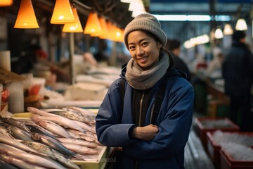 Lifestyle portrait photography of a merry girl in his 30s wearing a comfortable yoga top at the tsukiji fish market in tokyo japan. With generative AI technology