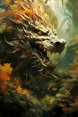 illustration of a chinese wood dragon, year of the dragon, chinese new year 2024, drake in a forrest, generative AI