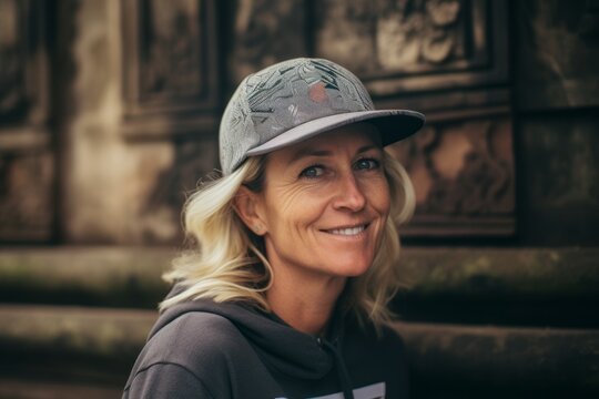 Close-up portrait photography of a content mature woman wearing a cool snapback hat at the borobudur temple in magelang indonesia. With generative AI technology