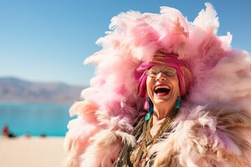 Environmental portrait photography of a joyful mature woman wearing an extravagant feather boa at the dead sea in israel/jordan. With generative AI technology