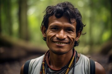 Headshot portrait photography of a cheerful boy in his 30s wearing a chic pearl necklace at the amazon rainforest in brazil. With generative AI technology