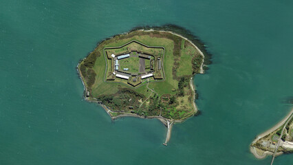 Fort Mitchel, historical island fortress aerial view from above – Bird’s eye view Spike Island,...