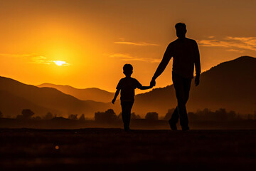 silhouette of a father and a son walking into the sunset
