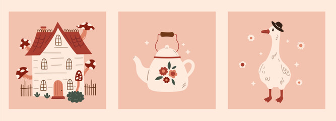 Set of cute cottagecore prints for card, poster design. Fairy tale mushroom house, goose and floral teapot in hand drawn style. Art frames for kids, baby nursery. Vector illustration