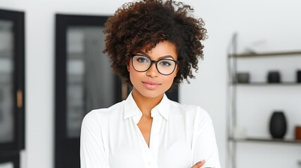 Positive african american business lady standing in office. Happy female professional executive manager, financial banking or marketing data. Positive human emotions.