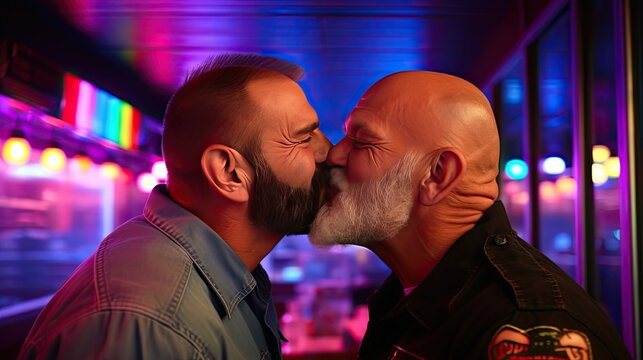 LGBT Concept - Senior bearded men couple kissing with passion in a date.