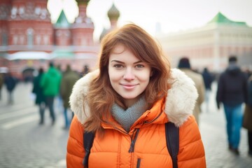 Fototapeta premium Medium shot portrait photography of a jovial girl in her 30s wearing a thermal insulation vest at the red square in moscow russia. With generative AI technology