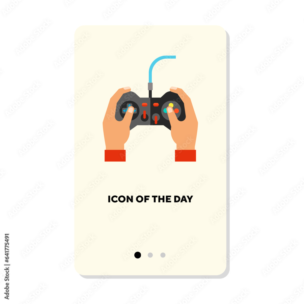 Poster indoor hobby flat icon. gamer playing game on console with joystick isolated vector sign. entertainm