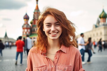 Obraz premium Medium shot portrait photography of a happy girl in his 20s wearing a trendy cropped top at the red square in moscow russia. With generative AI technology