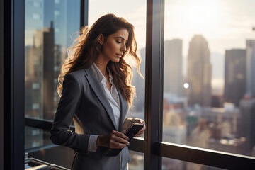 Fototapeta premium A poised businesswoman standing near a glass window with cityscape in the background