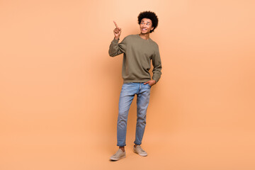 Fototapeta premium Full length photo of optimistic person afro hairdo dressed khaki pullover look directing empty space isolated on beige color background