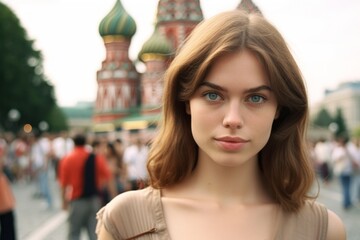 Fototapeta premium Close-up portrait photography of a jovial girl in his 30s wearing a trendy off-shoulder blouse at the red square in moscow russia. With generative AI technology
