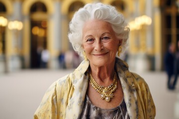 Lifestyle portrait photography of a grinning old woman wearing a delicate necklace at the palace of...