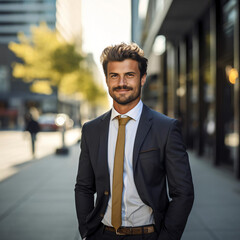 Fototapeta premium Young business man standing confidently in a city street