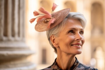 Headshot portrait photography of a blissful mature woman wearing a fancy fascinator at the st. With generative AI technology - obrazy, fototapety, plakaty