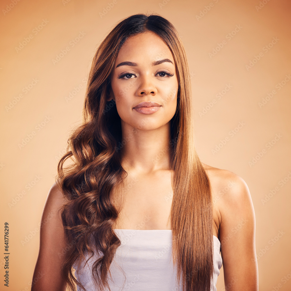 Poster Portrait of woman, straight hair and curly for beauty isolated on brown background in studio. Face, hairstyle and natural cosmetics of serious model in salon treatment for health, wellness or growth