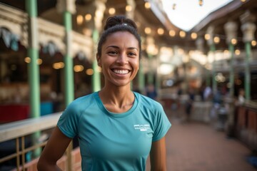 Fototapeta premium Environmental portrait photography of a joyful girl in her 30s wearing a moisture-wicking running shirt at the mecca in saudi arabia. With generative AI technology