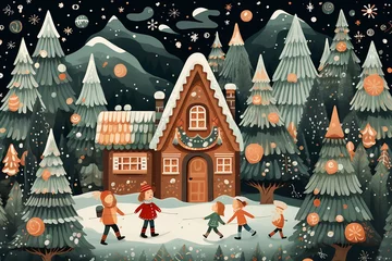 Foto op Aluminium Winter landscape with cozy houses, trees and snowflakes. Christmas illustration © Aonsnoopy