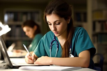 Caucasian nurse checking appointments, taking notes, working on the desk, sitting in her office