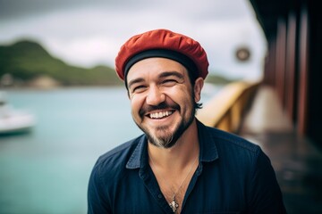 Headshot portrait photography of a happy boy in his 30s wearing a stylish beret at the great barrier reef in queensland australia. With generative AI technology - obrazy, fototapety, plakaty