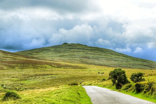 A view of the countryside and trail in Dartmoor, Devon. This part of Dartmoor National Park is near Okehampton. 