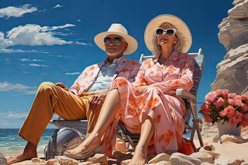elderly couple sitting on sun lounger chair right on the beach by the sea