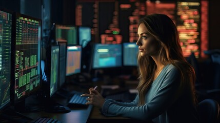 young business woman is watching hologram screens, Business technology.