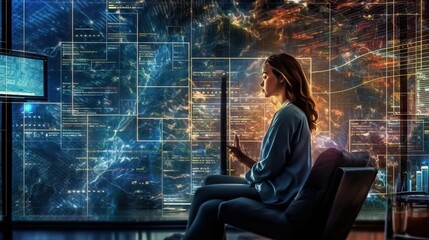 young business woman is watching hologram screens, Business technology.