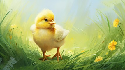 An illustration of a chick taking its first steps in a grassy meadow.