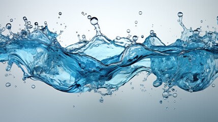 Image with bright blue splashes of water frozen in the air on a white background.