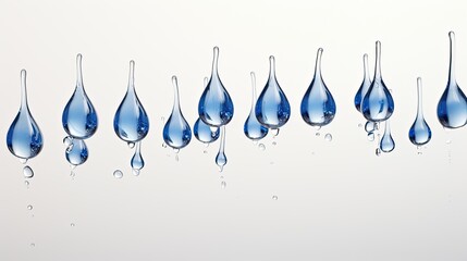 Image of blue water droplets forming a graceful cascade on a white background.
