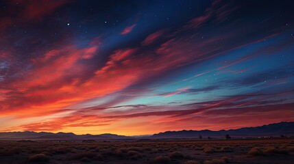 An image of a colorful sky that changes day and night, with warm shades of sunset and rising stars.