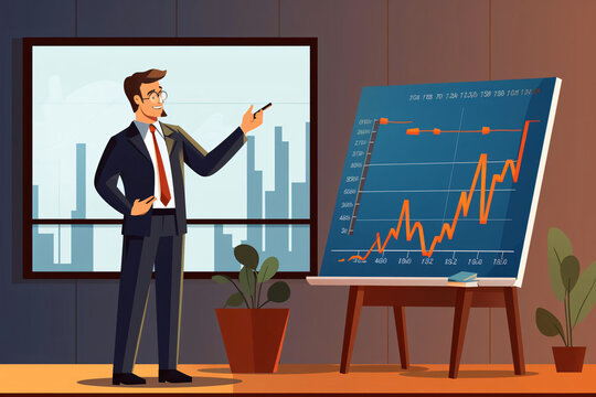 businessman pointing a pen on top of a chart illustration