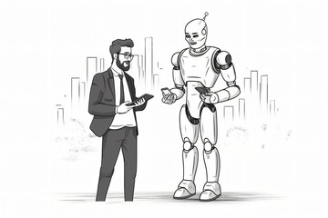 businessman talking with robot, black and white cartoon illustration