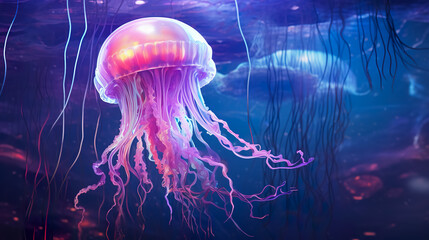 Jellyfish dansing in the dark blue ocean water. Glowing jellyfish swim deep in blue sea.