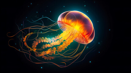 Jellyfish dansing in the dark blue ocean water. Glowing jellyfish swim deep in blue sea.
