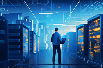 Illustration of an engineer with laptop in a server room
