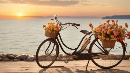 bicycle loaded with flower on the beach at sunset
