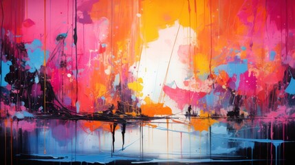 An abstract background with layers of vibrant paint splatters and drips, capturing the spontaneous and expressive nature of abstract art - obrazy, fototapety, plakaty