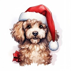 Toy poodle dog wearing a Santa hat on a white background