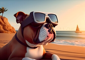 Bull dog with vr glasses relaxing at beach. AI generated image.