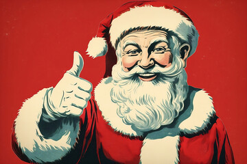 Santa Claus Portrait With a Merry Smile and Thumbs Up, Traditional Postcard Design, Christmas, Holiday, Father Christmas – Generative AI - obrazy, fototapety, plakaty