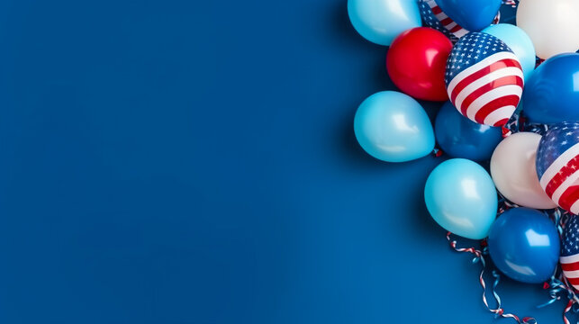 Colorful balloons on blue background with copy space. Flat lay.