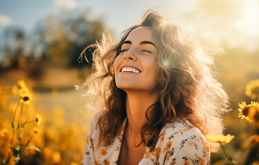 Fototapeta premium Portrait of a happy woman at sunflowers field - Nature background