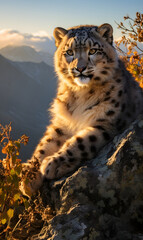 Fototapeta premium Snow leopard sitting in nature stone rocky with the sun